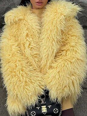 Yellow Women's Long Zip‑Front Fuzzy Lapel Loose Fit Winter Jacket